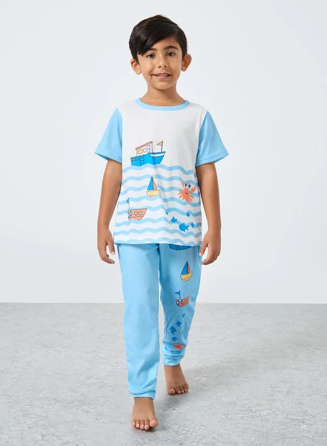 ستايلي Styli Boat Graphic Print T-Shirt and Pyjama Set