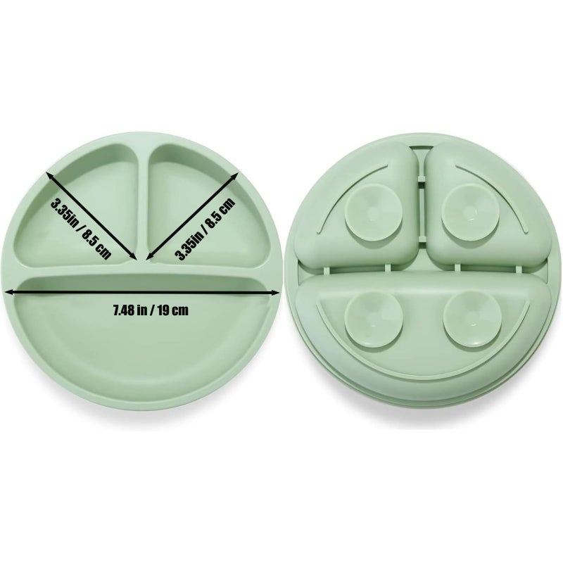PandaEar Silicone Baby Feeding Set| 2 Pack Silicone Divided Suction Plate with 2 Pack Spoons | Baby Led Weaning Supplies Self Feeding Eating Utensils (Green/Grey) - Image 2
