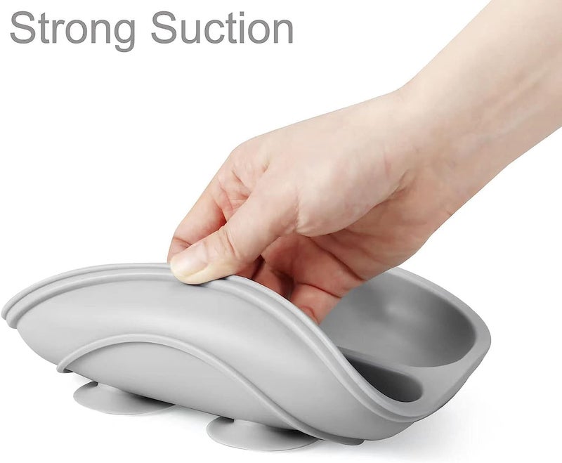 PandaEar Silicone Baby Feeding Set| 2 Pack Silicone Divided Suction Plate with 2 Pack Spoons | Baby Led Weaning Supplies Self Feeding Eating Utensils (Green/Grey) - Image 5