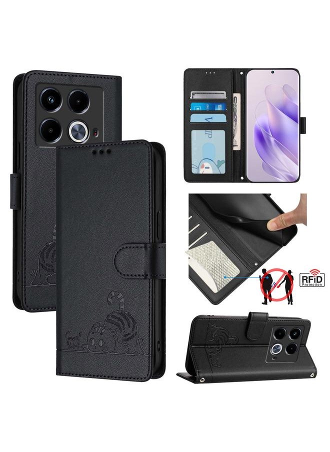 إيروريكس جراب هاتف جلدي منقوش عليه صورة قطة وفأر بتقنية RFID مع حزام لهاتف Infinix Note 40 5G (أسود) 