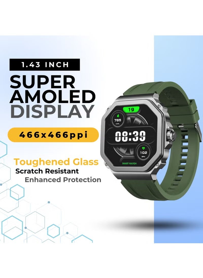 GRABIT - G-TRAX Smartwatch AMOLED Display & Bluetooth Calling features a 1.43” Super AMOLED display, Bluetooth calling, SOS calling, and AI voice assistant. With heart rate monitoring, sports modes, and 100+ watch faces, it’s perfect for fitness and daily use. A 400mAh battery offers 30-day standby, and the IP68 zinc alloy body ensures durability. Compatible with iPhone, Samsung, OnePlus, Xiaomi, Huawei, Google Pixel, and more. It comes in Metal Black with an extra stainless-steel strap. - Image 1