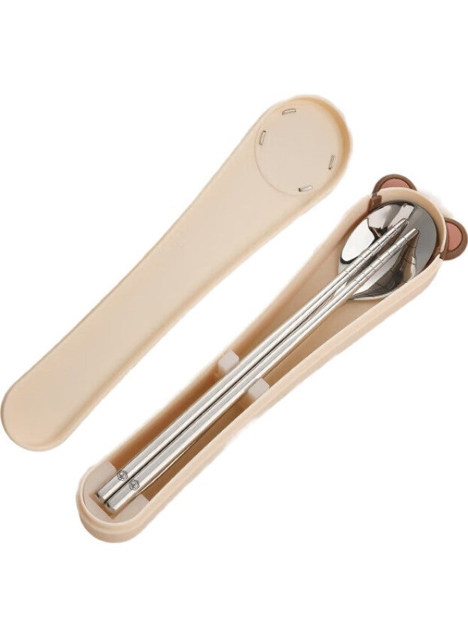 JD.com Jingzao Cute Space Capsule Portable Tableware Set, 304 Stainless Steel Spoon And Chopsticks, 3-Piece Set, Student Takeaway Cream-Colored Tableware - Image 1