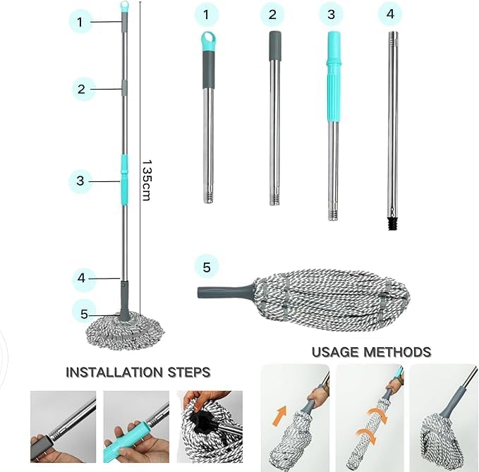 Flygon Microfiber Mop Self Wringing Easy Squeeze Twist Design for Wet Mopping Household Cleaning Tool for Tile Linoleum Laminate Floors Extendable Metal Handle - Image 2