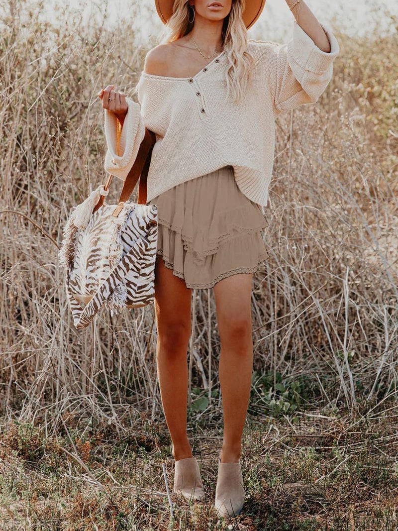 Aoudery Flowy Shorts for Women Casual Boho Ruffle Tiered Skorts High Waist Mini Skirts Golf Tennis Butterfly Crochet Shorts - Khaki XS - Image 3