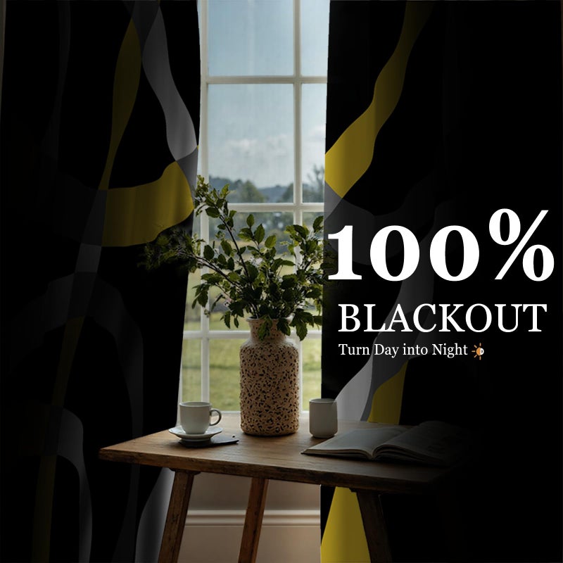 weesire Modern Blackout Curtains for Bedroom Living Room 2 Panels 100% Blackout Black and Yellow Circle Pattern Curtains Abstract Stripe Curtains, 52x84 Inches - Image 4