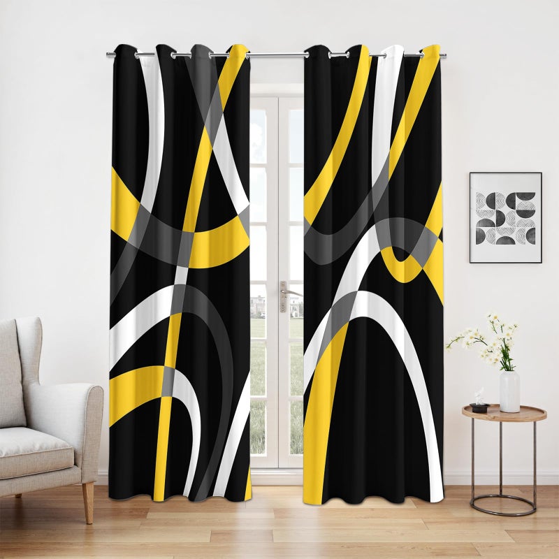 weesire Modern Blackout Curtains for Bedroom Living Room 2 Panels 100% Blackout Black and Yellow Circle Pattern Curtains Abstract Stripe Curtains, 52x84 Inches - Image 3