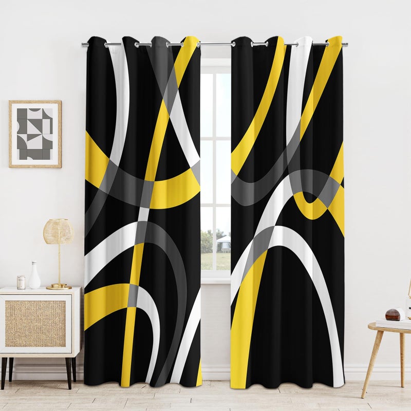 weesire Modern Blackout Curtains for Bedroom Living Room 2 Panels 100% Blackout Black and Yellow Circle Pattern Curtains Abstract Stripe Curtains, 52x84 Inches - Image 2