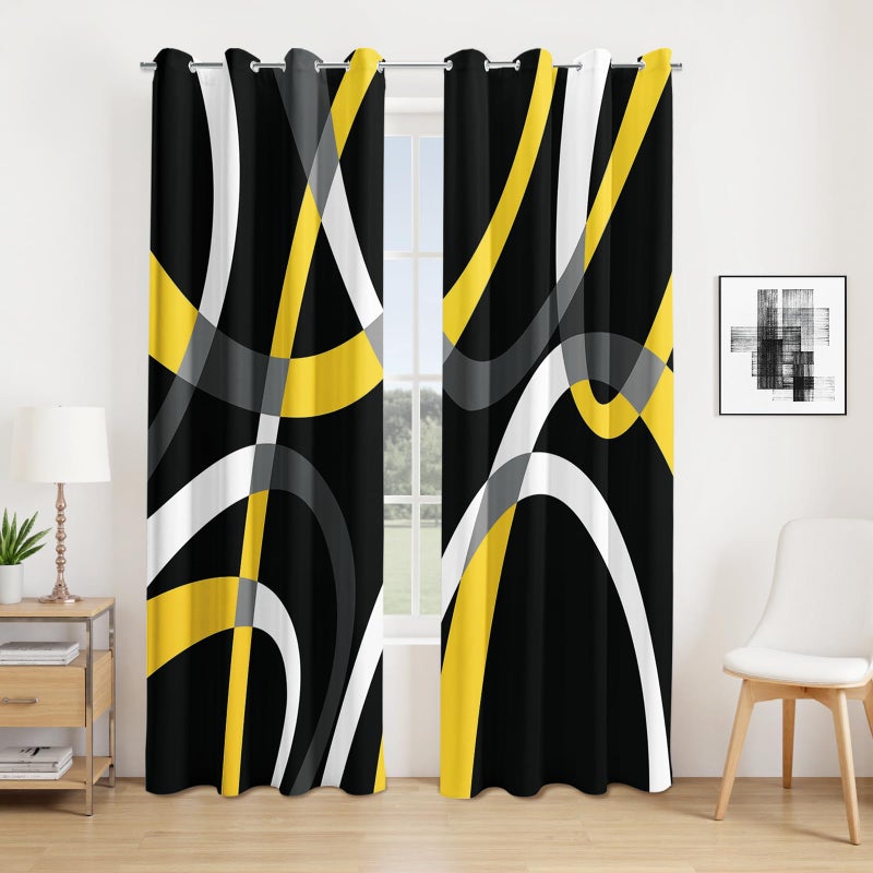 weesire Modern Blackout Curtains for Bedroom Living Room 2 Panels 100% Blackout Black and Yellow Circle Pattern Curtains Abstract Stripe Curtains, 52x84 Inches - Image 1