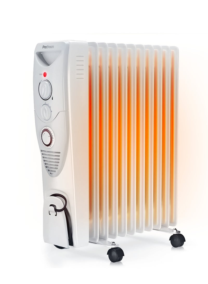 برو_بريز مدفأة زيتية مزودة بـ 11 ريشة، مدفأة كهربائية رفيعة، مدفأة زيتية محمولة مع مؤقت مدمج لمدة 24 ساعة، 3 إعدادات للحرارة، منظم حرارة قابل للتعديل - Image 1