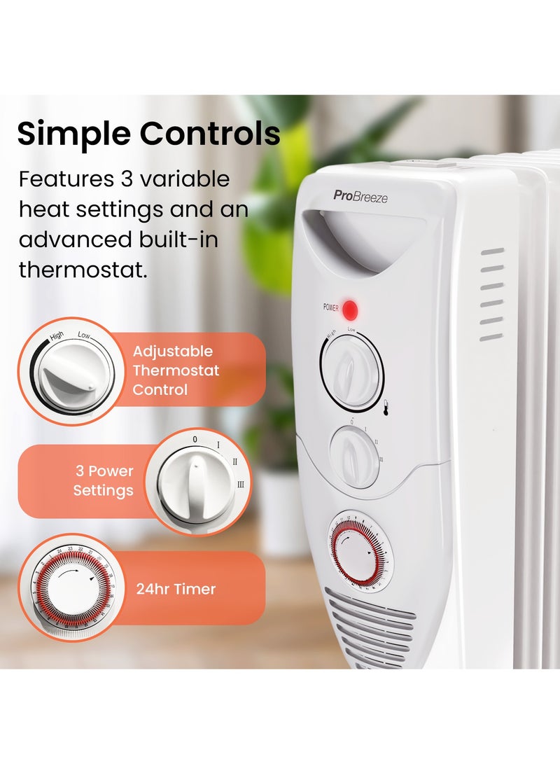 برو_بريز مدفأة زيتية مزودة بـ 11 ريشة، مدفأة كهربائية رفيعة، مدفأة زيتية محمولة مع مؤقت مدمج لمدة 24 ساعة، 3 إعدادات للحرارة، منظم حرارة قابل للتعديل - Image 3