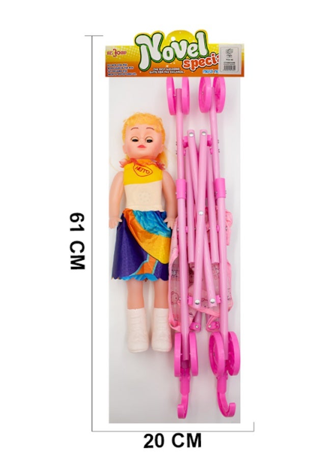 نوفيل بوكس لعبة عروسة (دمية) مع عربية أطفال قابلة للطي للبنات - حجم كبير 61 سم هدية مثالية للعب التخيلي - موديل 51068 - Image 2