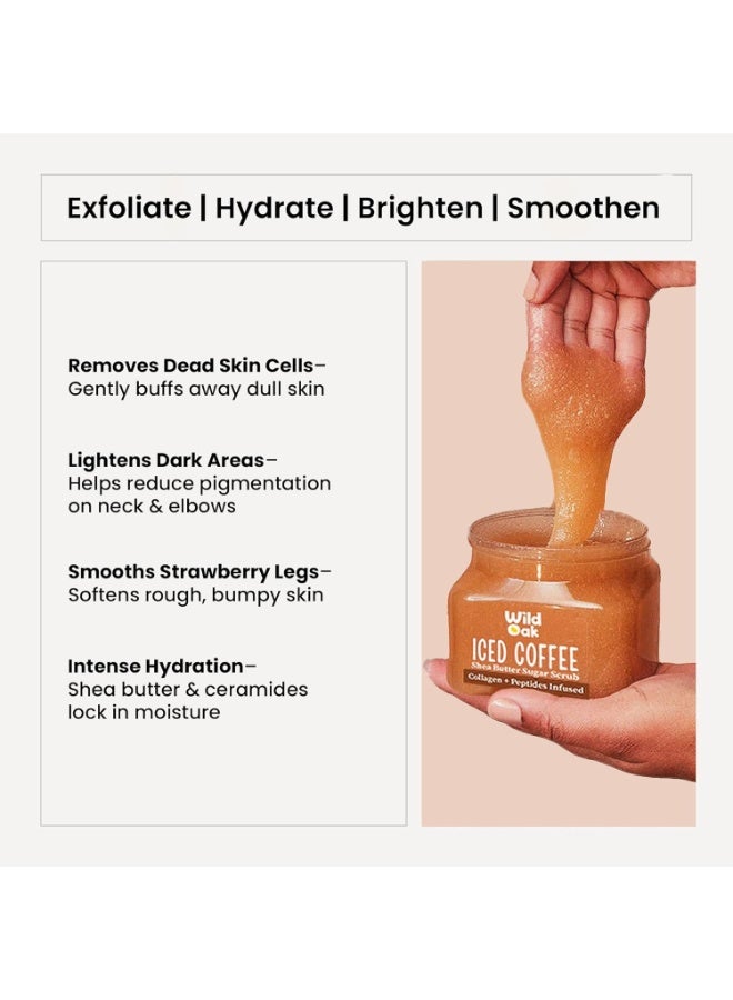 WILD OAK WildOak Iced Coffee Sugar Body Scrub | 300g | Kojic Acid, Hyaluronic Acid, Ceramides, Collagen & Peptides | De-Tan & Brightens Dark Areas | Smooths Strawberry Legs & Arms | Hydrates & Exfoliates - Image 2