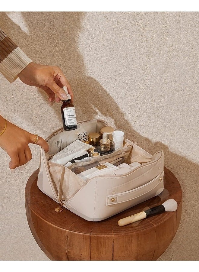 حقيبة مستحضرات التجميل للسفر، حقيبة مستحضرات التجميل ذات سعة كبيرة للنساء، حقيبة مستحضرات التجميل المسطحة المحمولة المقاومة للماء، حقيبة تخزين مستحضرات التجميل مع قسم ومقبض (أبيض - Image 5