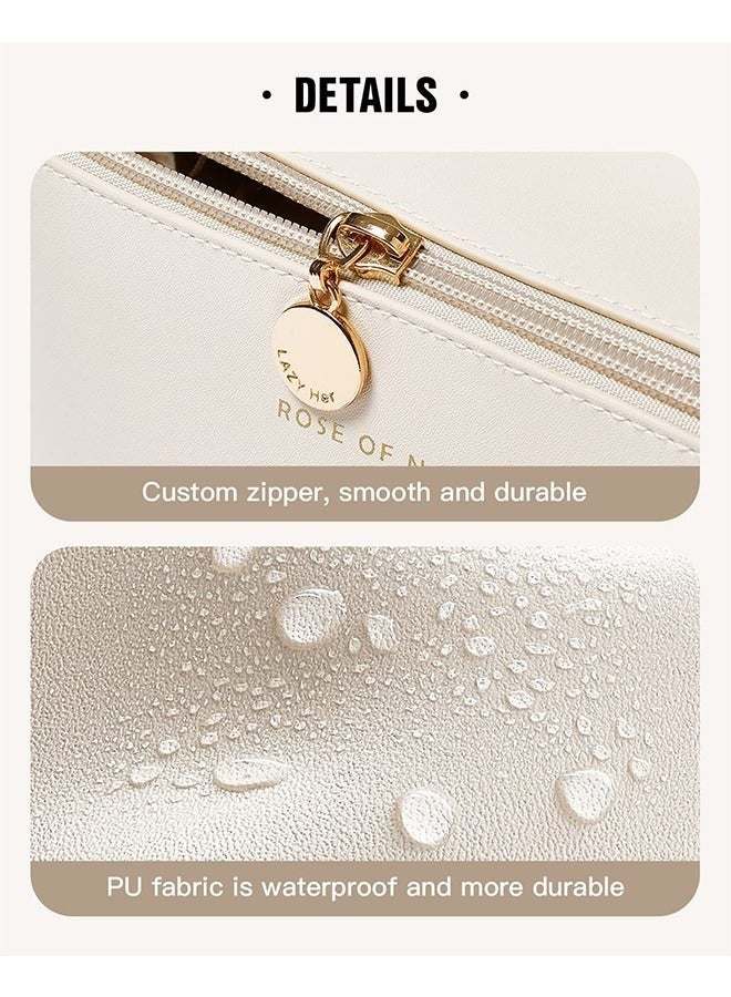 حقيبة مستحضرات التجميل للسفر، حقيبة مستحضرات التجميل ذات سعة كبيرة للنساء، حقيبة مستحضرات التجميل المسطحة المحمولة المقاومة للماء، حقيبة تخزين مستحضرات التجميل مع قسم ومقبض (أبيض - Image 4