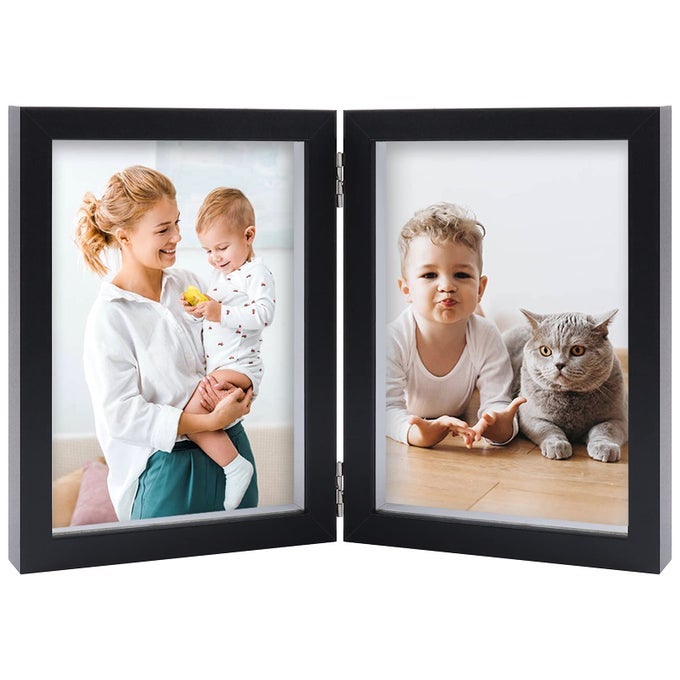 5X7 DOUBLE PICTURE FRAMES HINGED WOOD FOLDING PICTURE FRAMES VERTICALLY DISPLAY WITH REAL GLASS FRONT BLACK
