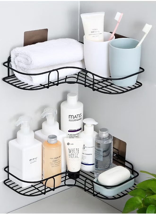 2 Piece Bathroom Organization Corner Rack with Side Hangers, Anti-Rust Stainless Steel Shower Rack, Marking Mounting Stickers, No Drilling Needed Bathroom Storage Racks and Storage Racks, Space-Saving-Black
