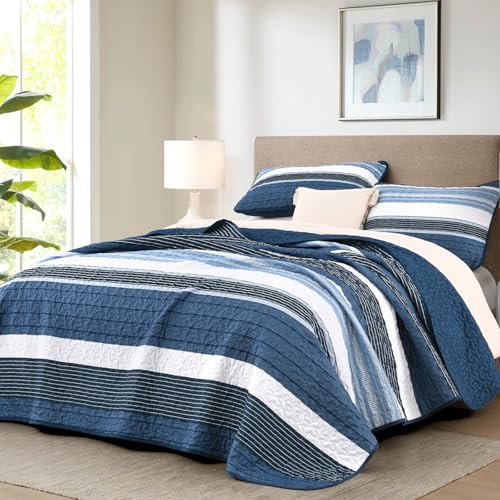 Djoymock King Size Quilt Set Blue Striped 3 Piece Summer Patchwork Bedspreads Coverlet, Blue and White Lightweight Bedding Set with 2 Pillow Shams, Soft Microfiber Comforter Set for All Seasons, 110" × 90" - Image 2