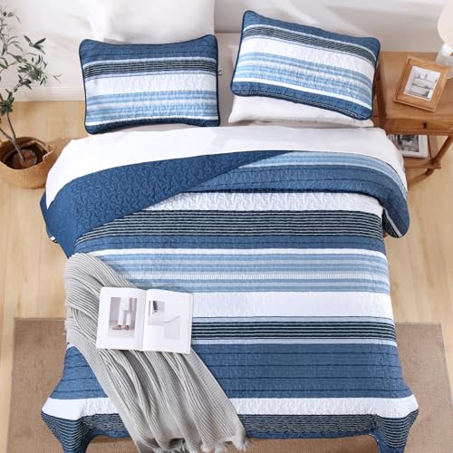 Djoymock King Size Quilt Set Blue Striped 3 Piece Summer Patchwork Bedspreads Coverlet, Blue and White Lightweight Bedding Set with 2 Pillow Shams, Soft Microfiber Comforter Set for All Seasons, 110" × 90" - Image 4