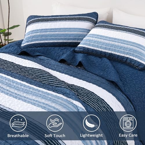 Djoymock King Size Quilt Set Blue Striped 3 Piece Summer Patchwork Bedspreads Coverlet, Blue and White Lightweight Bedding Set with 2 Pillow Shams, Soft Microfiber Comforter Set for All Seasons, 110" × 90" - Image 5