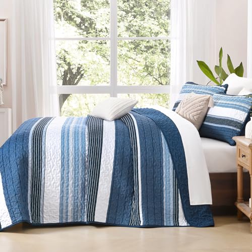 Djoymock King Size Quilt Set Blue Striped 3 Piece Summer Patchwork Bedspreads Coverlet, Blue and White Lightweight Bedding Set with 2 Pillow Shams, Soft Microfiber Comforter Set for All Seasons, 110" × 90" - Image 3