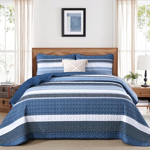Djoymock King Size Quilt Set Blue Striped 3 Piece Summer Patchwork Bedspreads Coverlet, Blue and White Lightweight Bedding Set with 2 Pillow Shams, Soft Microfiber Comforter Set for All Seasons, 110" × 90" - Image 1
