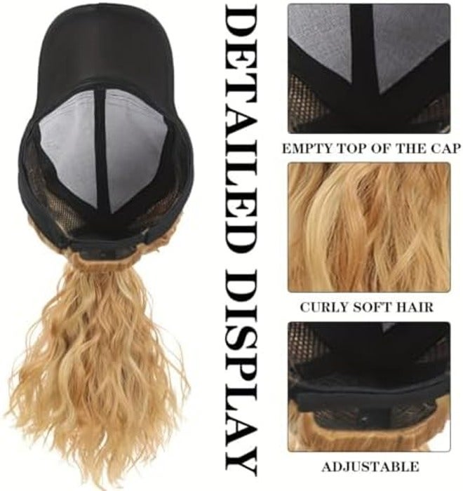 Ylucky Women's 12-Inch Curly Ponytail Visor Wig Hat with Synthetic Hair Extensions, Adjustable Black Sun Visor Baseball Beach Cap - Image 5