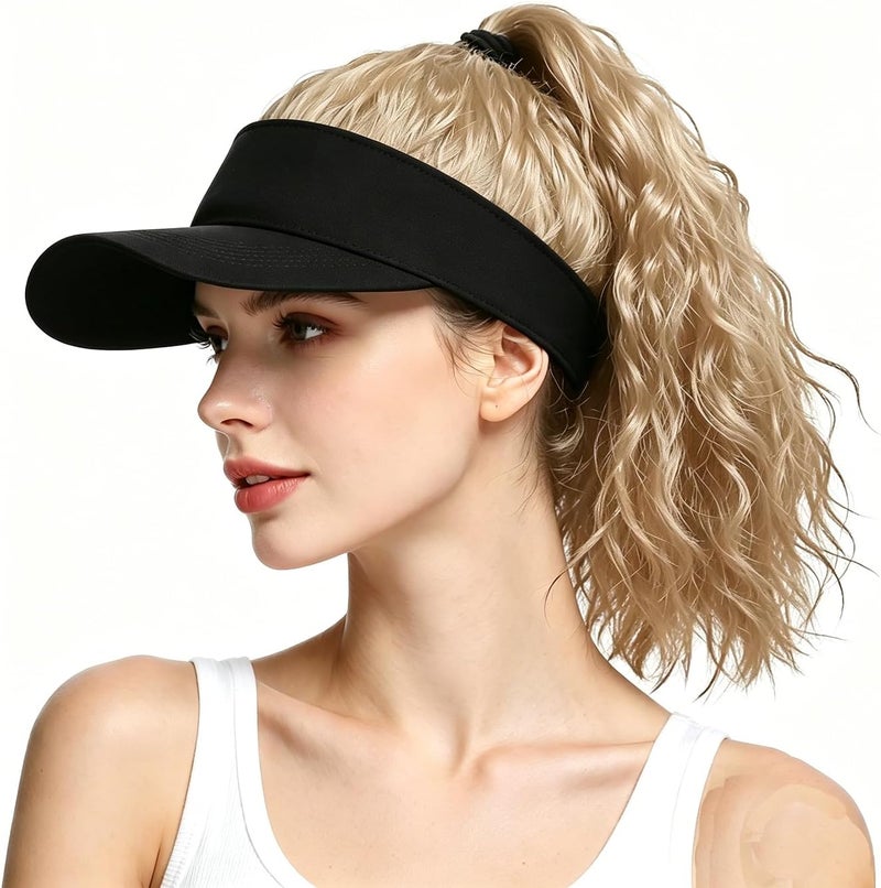 Ylucky Women's 12-Inch Curly Ponytail Visor Wig Hat with Synthetic Hair Extensions, Adjustable Black Sun Visor Baseball Beach Cap - Image 1
