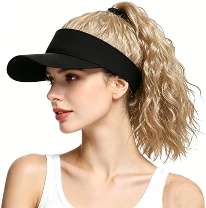 Ylucky Women's 12-Inch Curly Ponytail Visor Wig Hat with Synthetic Hair Extensions, Adjustable Black Sun Visor Baseball Beach Cap - Image 2