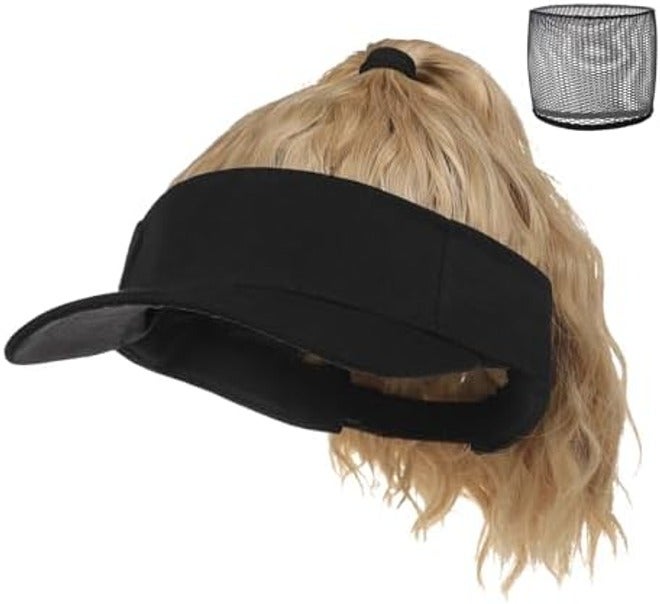 Ylucky Women's 12-Inch Curly Ponytail Visor Wig Hat with Synthetic Hair Extensions, Adjustable Black Sun Visor Baseball Beach Cap - Image 4