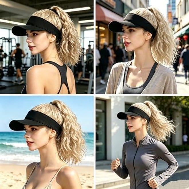 Ylucky Women's 12-Inch Curly Ponytail Visor Wig Hat with Synthetic Hair Extensions, Adjustable Black Sun Visor Baseball Beach Cap - Image 3