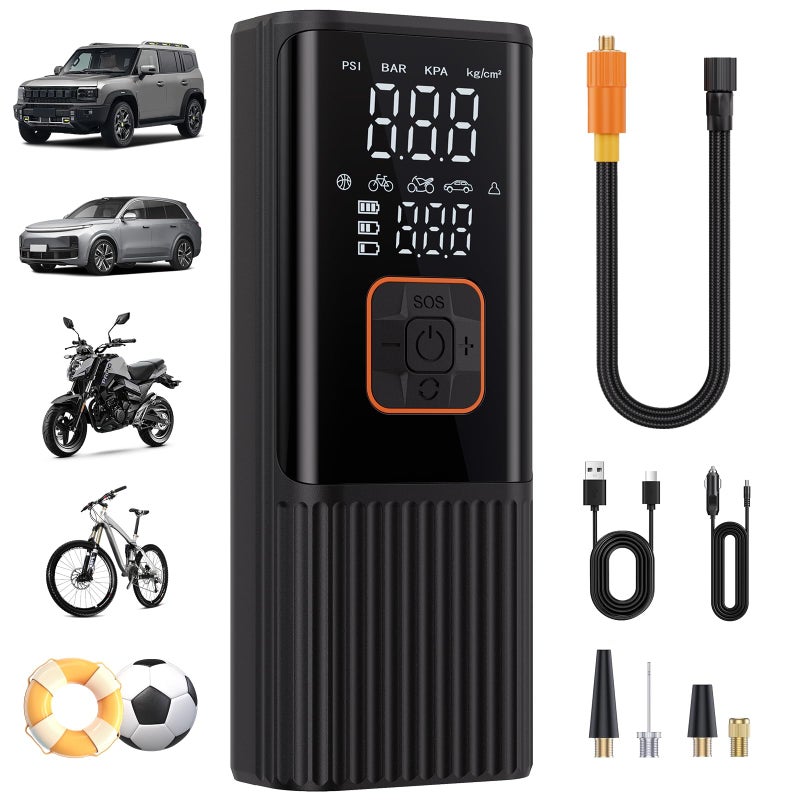Aucoza ضاغط هواء محمول لتضخيم الإطارات، أسرع 6 مرات 180 PSI ضاغط هواء محمول، مضخة هواء مع مقياس ضغط - ضاغط هواء محمول لتضخيم إطارات السيارات، الدراجات النارية، الدراجات، الكرات والمزيد باللون الأسود - Image 1