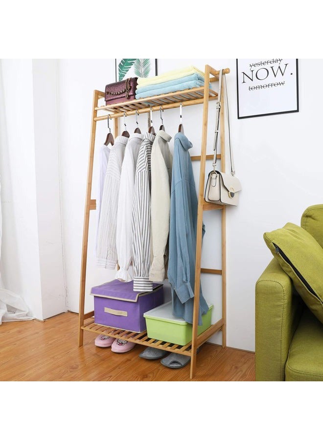 U-Fine Bamboo Clothes Hanging Rack with 2 Tier Storage Shelves and 2 Coat Hooks Portable Laundry Rack Cloest Organizer Garment Rack for Bedroom Guest Room - Image 2