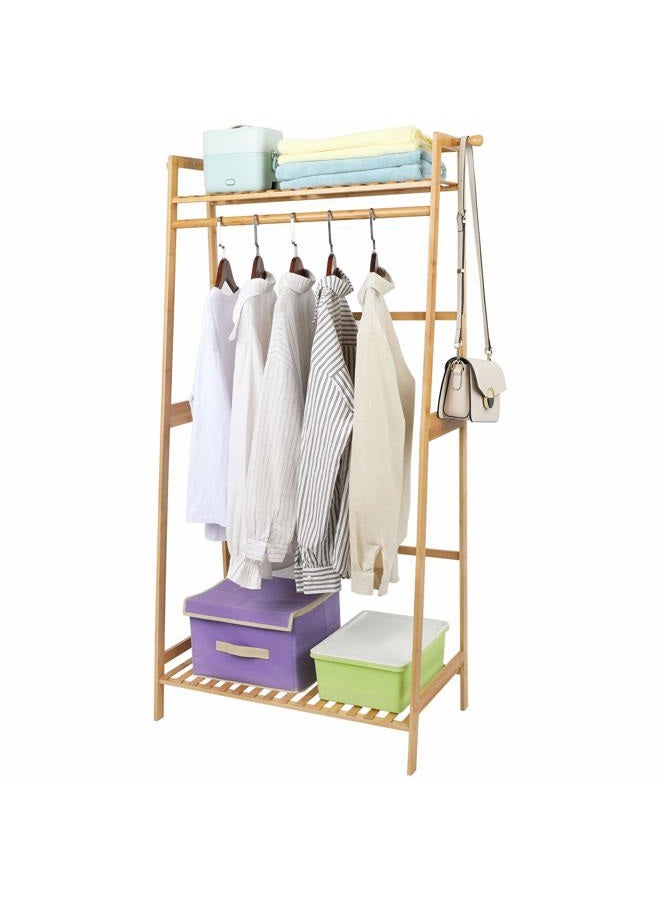 U-Fine Bamboo Clothes Hanging Rack with 2 Tier Storage Shelves and 2 Coat Hooks Portable Laundry Rack Cloest Organizer Garment Rack for Bedroom Guest Room - Image 1