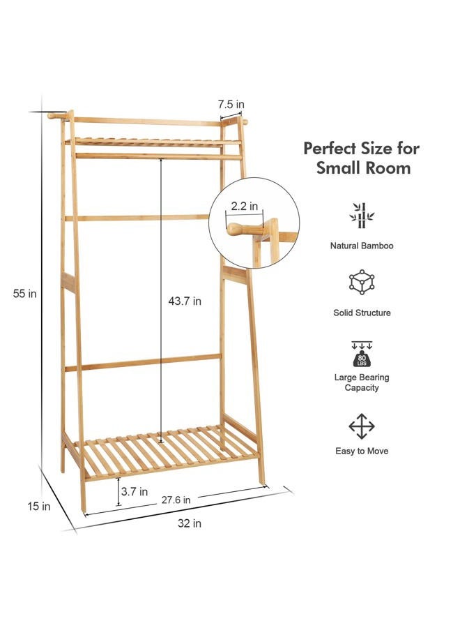 U-Fine Bamboo Clothes Hanging Rack with 2 Tier Storage Shelves and 2 Coat Hooks Portable Laundry Rack Cloest Organizer Garment Rack for Bedroom Guest Room - Image 5