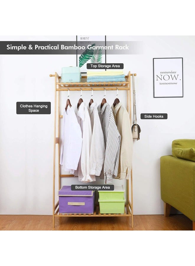 U-Fine Bamboo Clothes Hanging Rack with 2 Tier Storage Shelves and 2 Coat Hooks Portable Laundry Rack Cloest Organizer Garment Rack for Bedroom Guest Room - Image 3