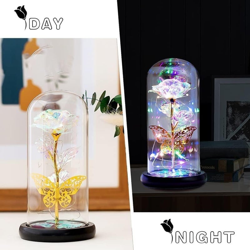 KRUPASAGAR MART Valentines Day Womens Gift Gold Butterfly Birthday Gifts Colorful Preserved Rose Gift Flower Last Forever Rose in Glass Dome Unique MomGrandma Pack of 1 - Image 5