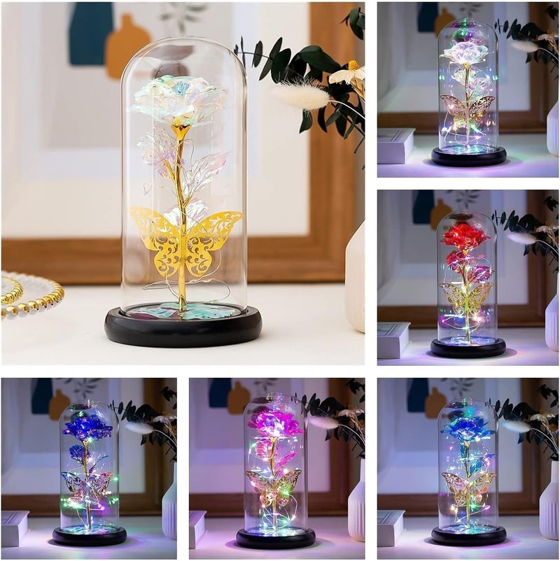 KRUPASAGAR MART Valentines Day Womens Gift Gold Butterfly Birthday Gifts Colorful Preserved Rose Gift Flower Last Forever Rose in Glass Dome Unique MomGrandma Pack of 1 - Image 4