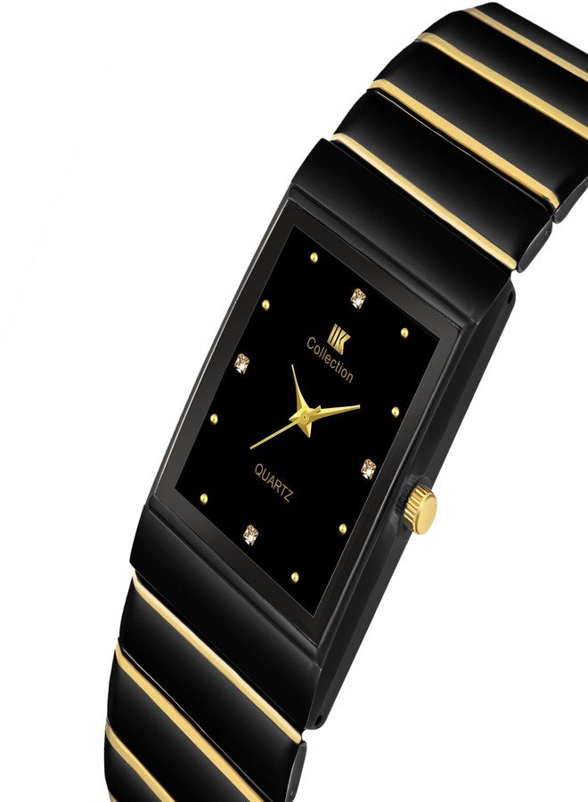 IIK COLLECTION Reactangle Studded Dial Metalic Bracelet Chain Strap Analogue Wrist Watch for Men and Boys, Black, MEN'S STYLE - Image 3