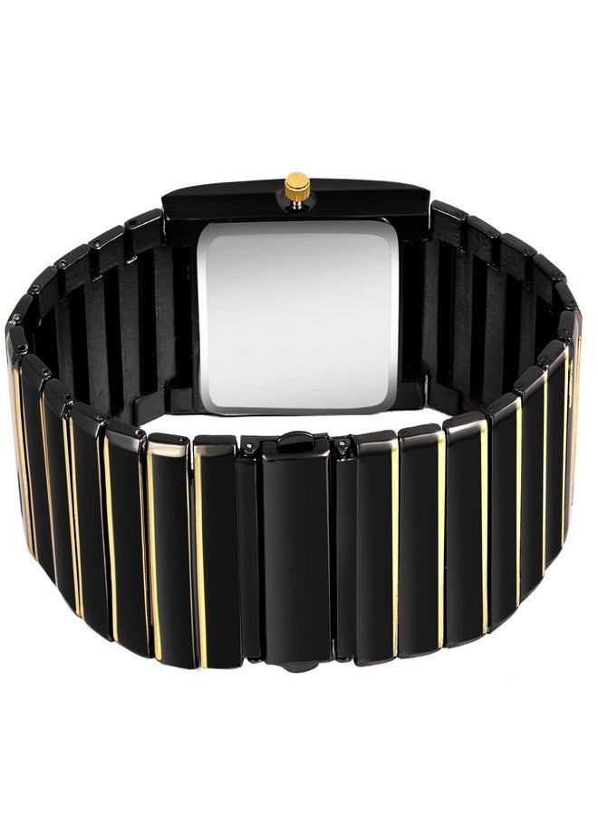 IIK COLLECTION Reactangle Studded Dial Metalic Bracelet Chain Strap Analogue Wrist Watch for Men and Boys, Black, MEN'S STYLE - Image 4