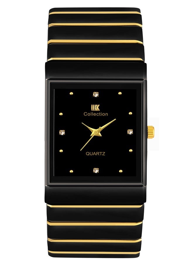 IIK COLLECTION Reactangle Studded Dial Metalic Bracelet Chain Strap Analogue Wrist Watch for Men and Boys, Black, MEN'S STYLE - Image 1
