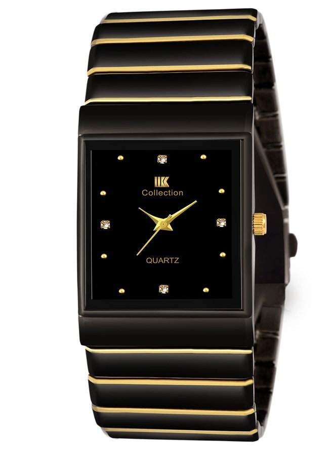 IIK COLLECTION Reactangle Studded Dial Metalic Bracelet Chain Strap Analogue Wrist Watch for Men and Boys, Black, MEN'S STYLE - Image 2