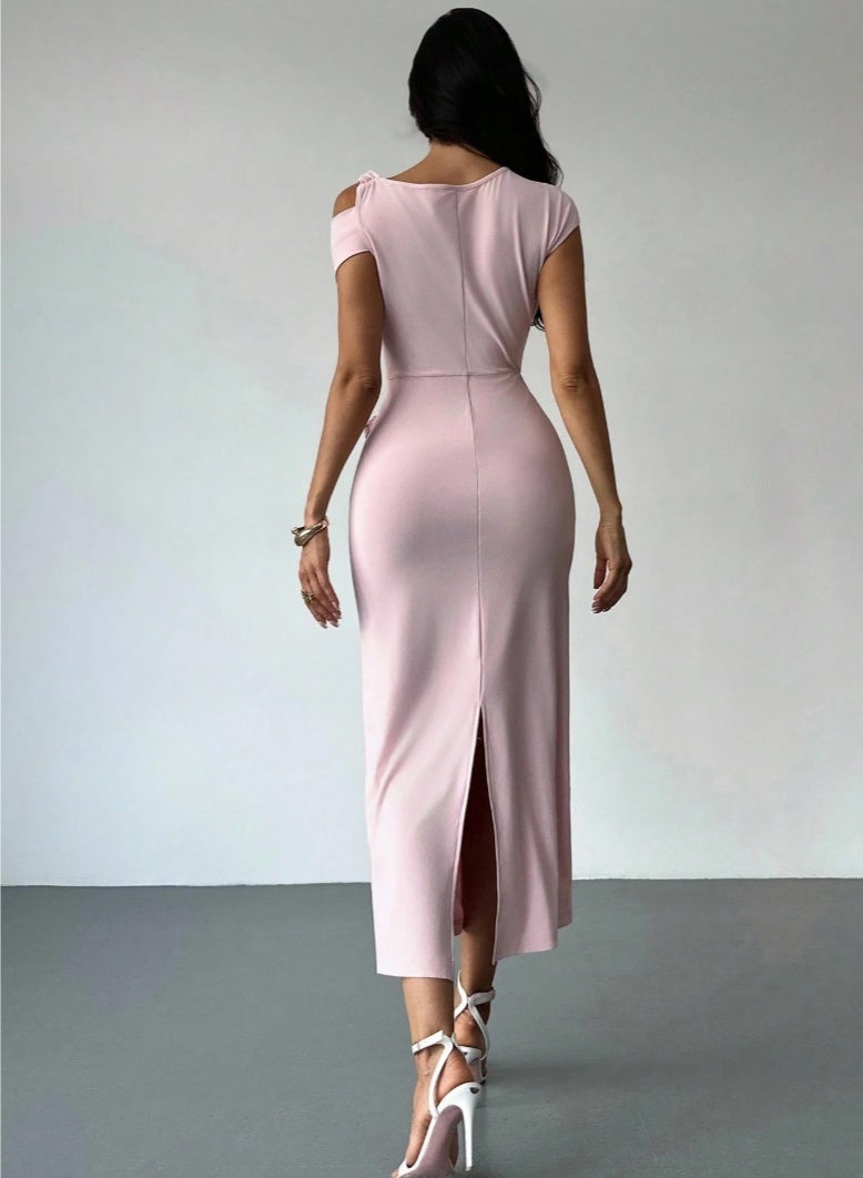 Shein SHIN Women Elegant Daily Pink Asymmetric Structured Knit Twist Dress Long SHEIN - Image 3