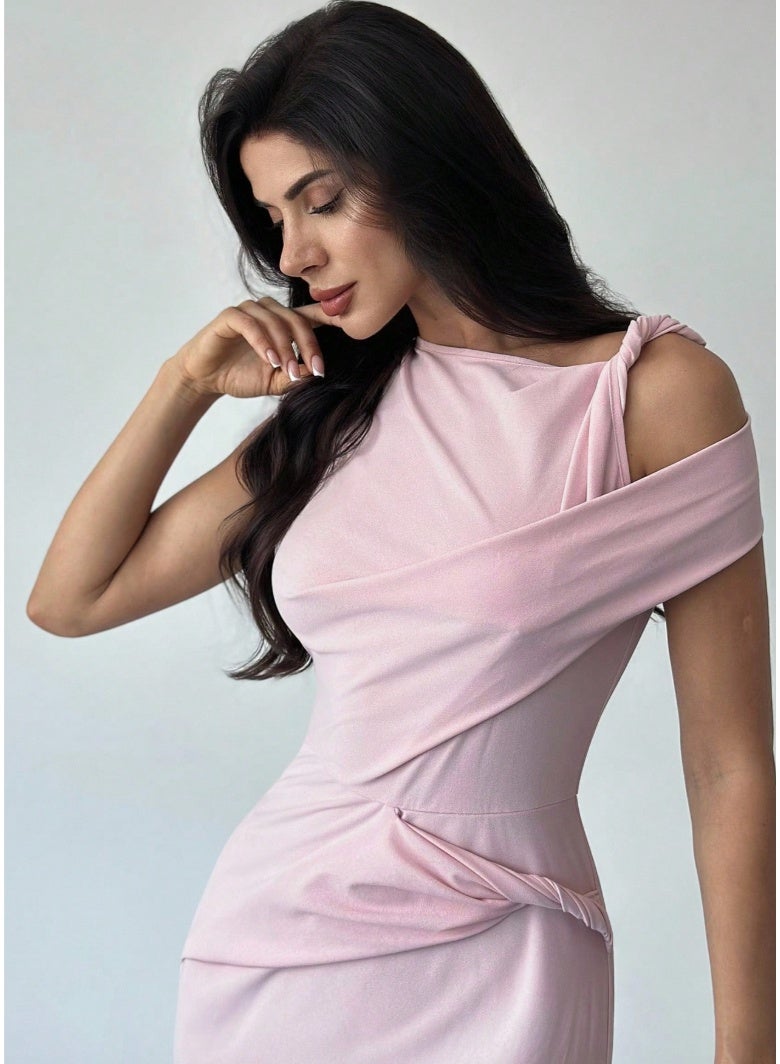 Shein SHIN Women Elegant Daily Pink Asymmetric Structured Knit Twist Dress Long SHEIN - Image 5