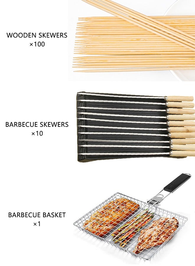 Barbecue Tools Set A （100-Piece Wooden Skewers, 1-Piece Barbecue Basket, 10-Piece Barbecue Skewers） - Image 1