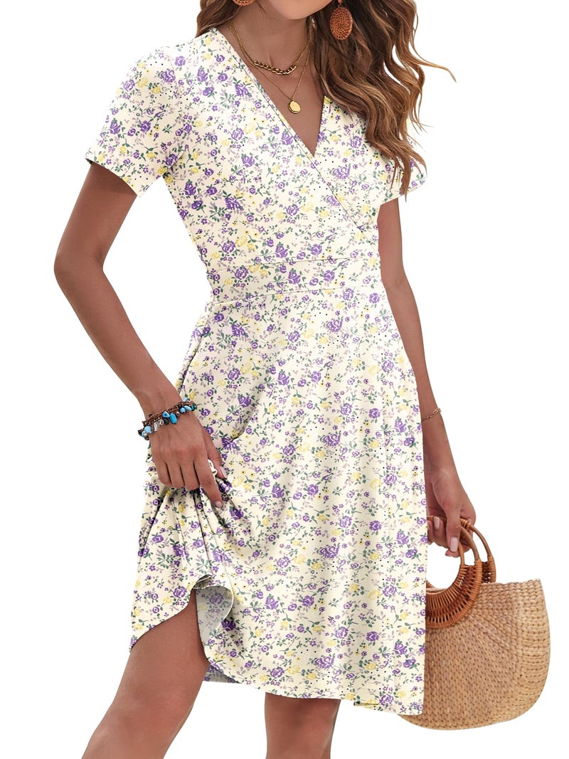 AUSELILY Womens Summer Dresses Floral Knee Length Short Sleeve Wrap V Neck Sundress with Pockets, Beige Purple Floral L - Image 2