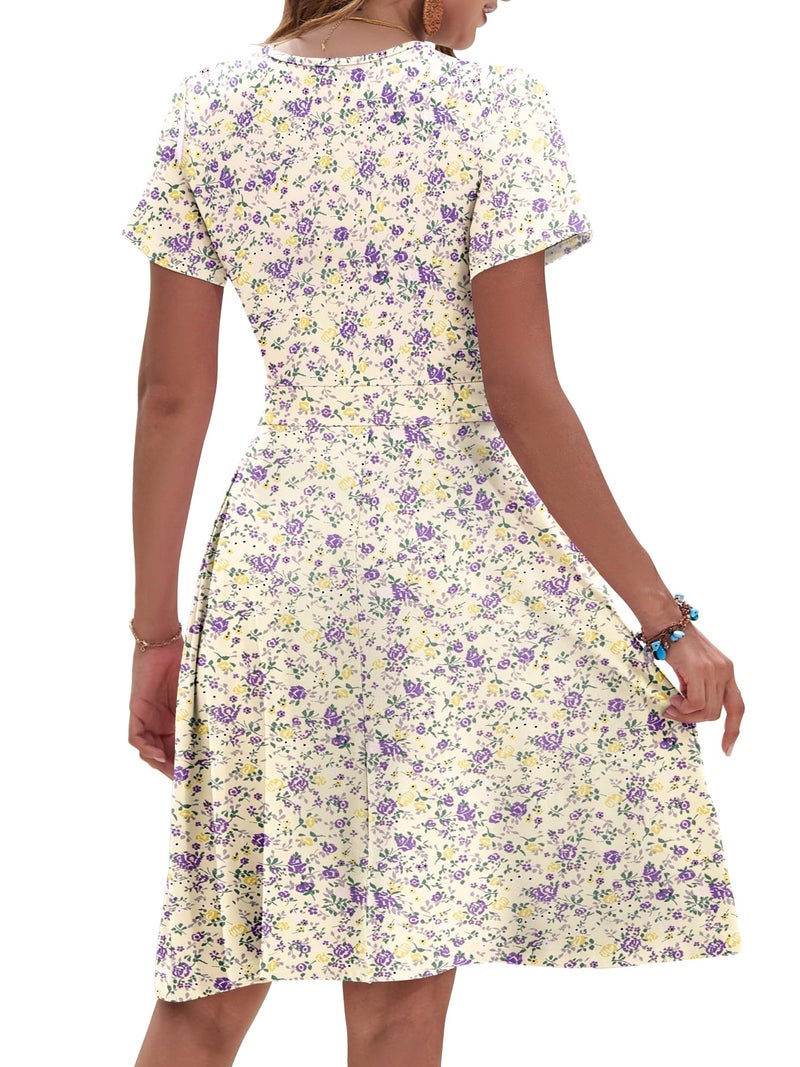 AUSELILY Womens Summer Dresses Floral Knee Length Short Sleeve Wrap V Neck Sundress with Pockets, Beige Purple Floral L - Image 5