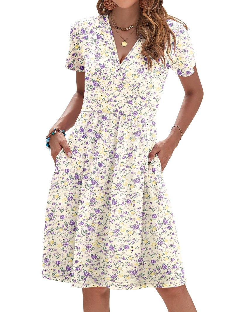AUSELILY Womens Summer Dresses Floral Knee Length Short Sleeve Wrap V Neck Sundress with Pockets, Beige Purple Floral L - Image 1