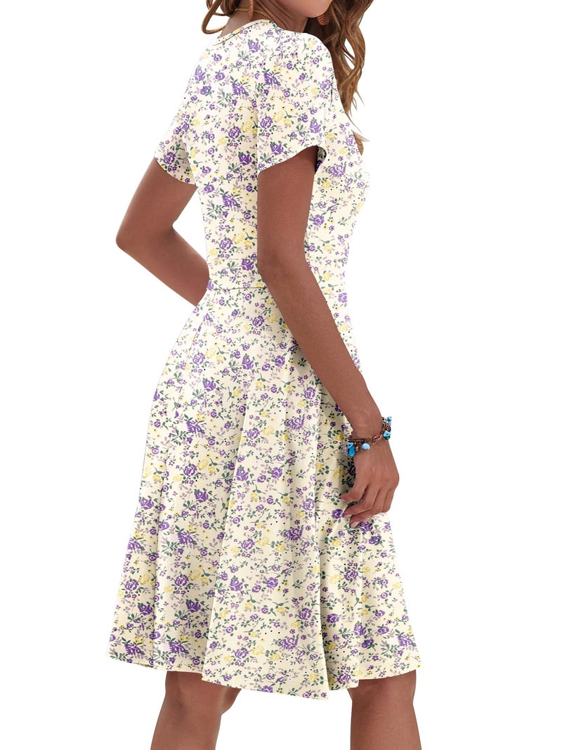 AUSELILY Womens Summer Dresses Floral Knee Length Short Sleeve Wrap V Neck Sundress with Pockets, Beige Purple Floral L - Image 4