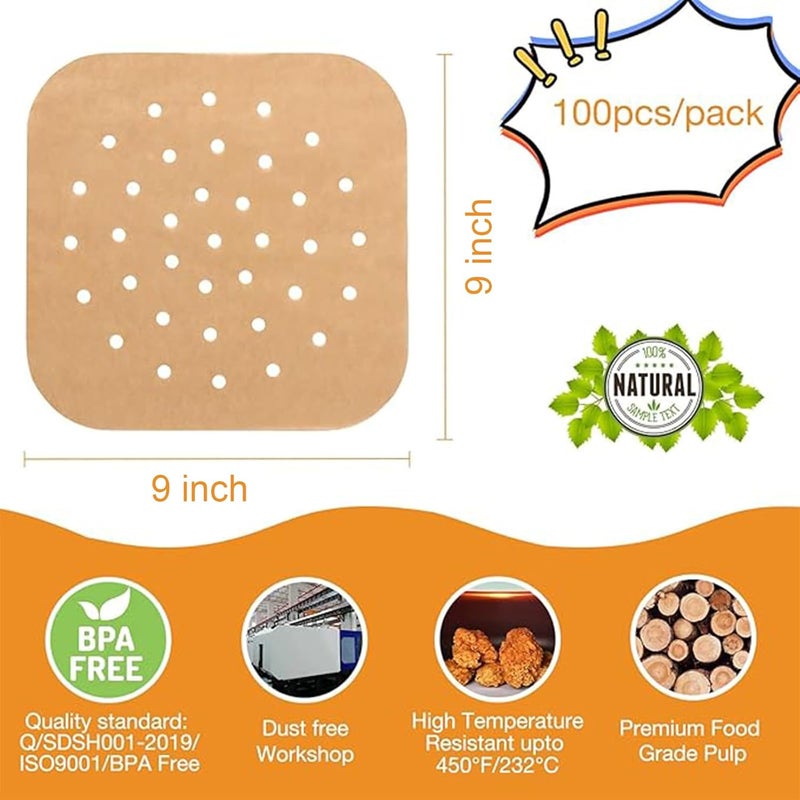 SWIUKPHE 100 Pcs Air Fryer Parchment Papers, 9x9 Inch Square Air Fryer Paper Sheets, Heat-Resistant for Cooking, Baking, Frying Chicken in Air Fryer Basket, Oven, Steamer, Microwave - Image 3