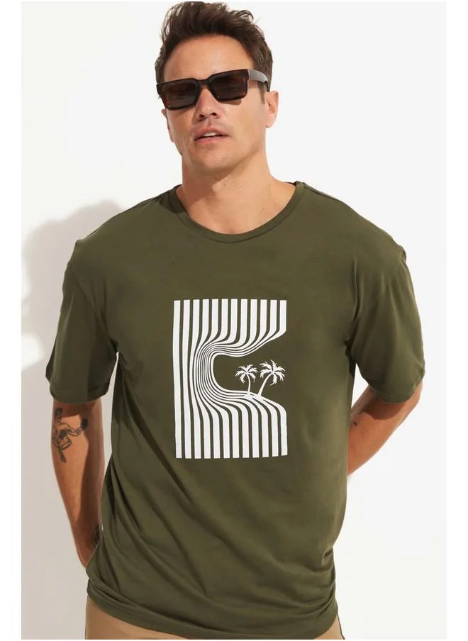 جون June Men Oversize Printed Crew Neck Tshirt Khaki